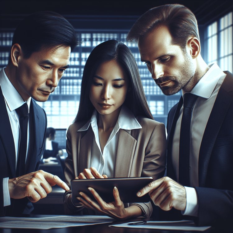 Three professionals in a modern law office collaborate over a digital tablet displaying legal documents. A Caucasian woman, an Asian man, and a Hispanic man focus intently on the screen. The background features sleek furniture, shelves lined with law books, and abstract art, symbolizing progress in the legal field. The atmosphere is one of teamwork and innovation in criminal justice.