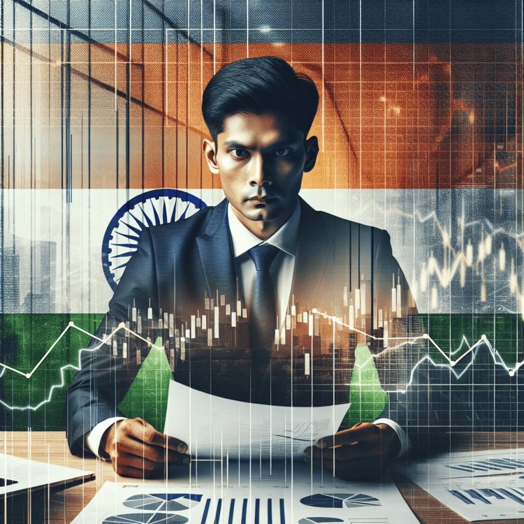 An Asian business professional, either male or female, sits in a modern office space with a concerned expression. They are scrutinizing financial documents, surrounded by an abstract backdrop of charts and graphs symbolizing financial markets. The office is infused with colors of saffron, white, green, and navy blue, reflecting the Indian flag. The professional's serious demeanor conveys the weight of responsibility and accountability in their financial analysis.