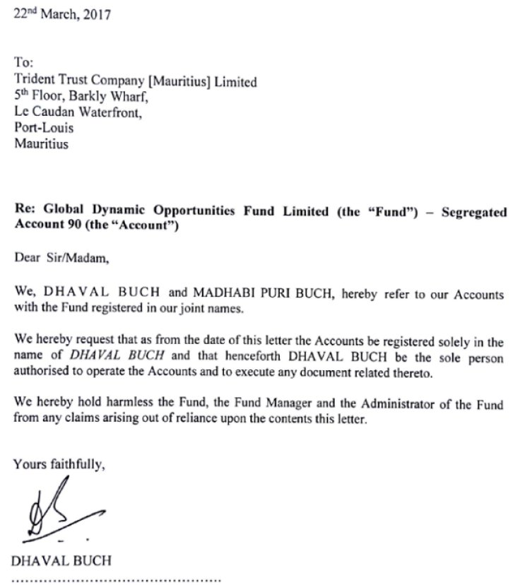 In the letter, Dhaval Buch requested to “be the sole person authorised to operate the Accounts”, seemingly moving the assets out of his wife’s name ahead of the politically sensitive appointment.