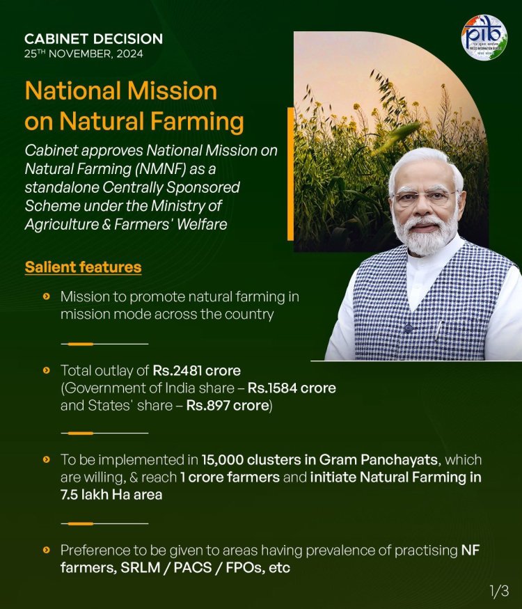 Launch of National Mission on Natural Farming  Union Cabinet approved the launching of the National Mission on Natural Farming