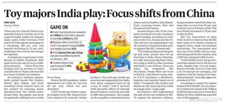 The export by India's toy industry has increased by a whopping 239 percent, while the import declining by 52 percent, turning India into a net exporter of toys.