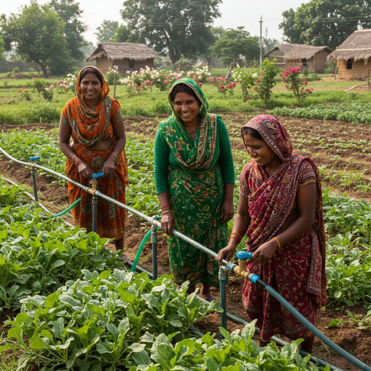 Indian women farmers turning on drip irrigation valves in a vegetable garden